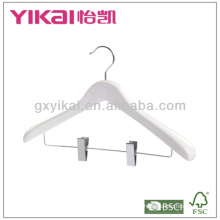 Customized wooden suit hanger with wide shoulders and metal clips